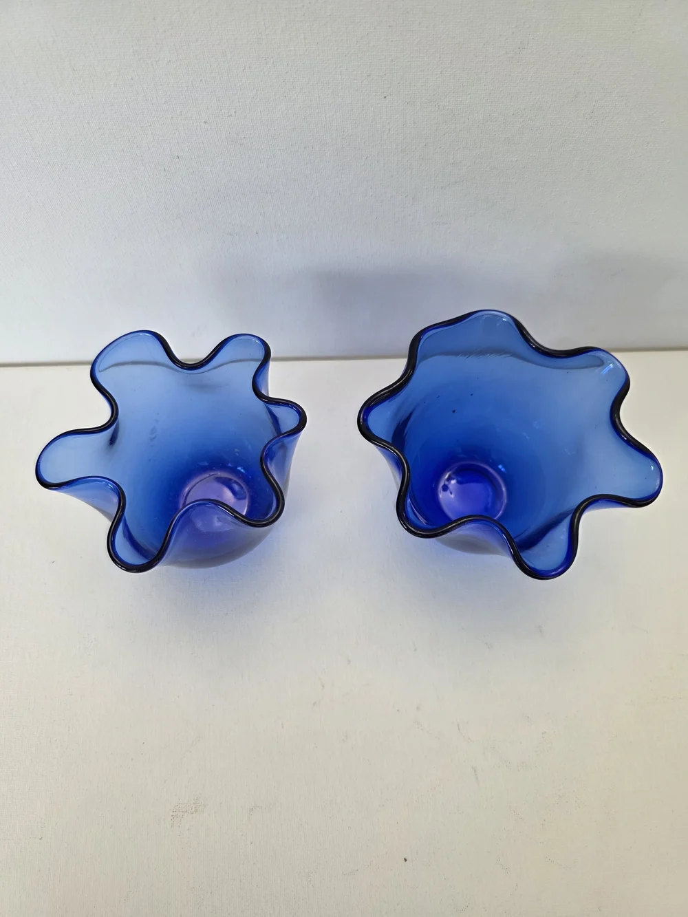 Pair of Cobalt Blue Ruffled Glass Vases - Unbranded